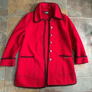 Vintage Geiger Coat Button Front Collared 100% Wool Black Trim Red Women's 34